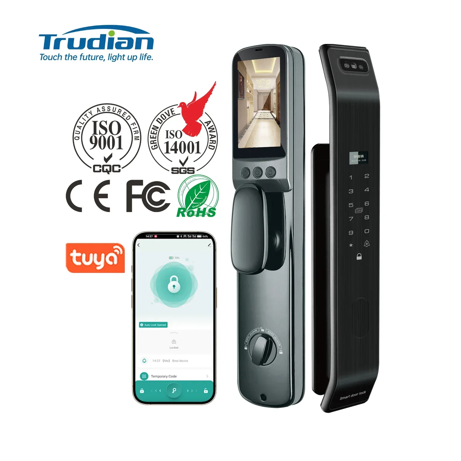 003 Trudian Tuya Wifi Biometric Smart Lock 3D Face & Fingerprint Recognition Digital Door Lock with Cloud Data Storage Option
003 Trudian Tuya Wifi Biometric Smart Lock 3D Face & Fingerprint Recognition Digital Door Lock with Cloud Data Storage Option