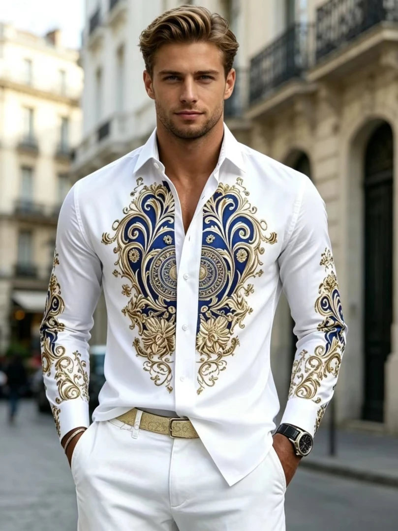 European and American retro Baroque long sleeved shirt, 3D printed men's shirt, light luxury round grain slim fit business banqu
European and American retro Baroque long sleeved shirt, 3D printed men's shirt, light luxury round grain slim fit business banqu