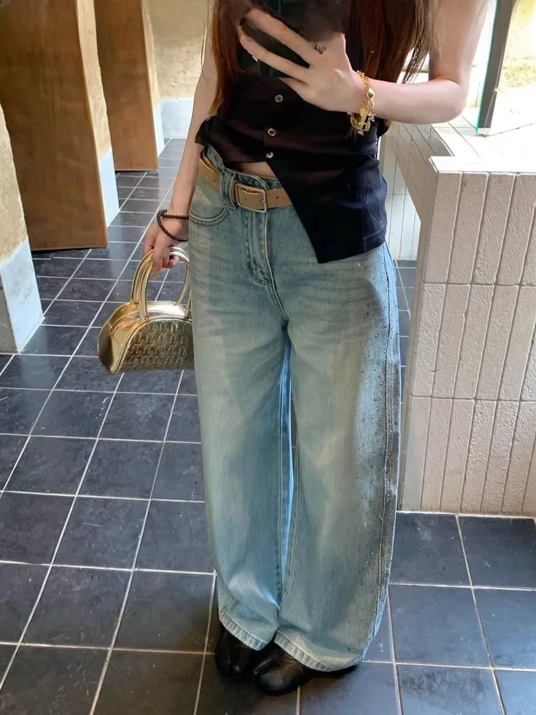 Retro Washed Side Diamond Embellished Loose Wide Leg Jeans Women's Spring Elegant Slimming Denim Pants High Waist Zipper Fly
Retro Washed Side Diamond Embellished Loose Wide Leg Jeans Women's Spring Elegant Slimming Denim Pants High Waist Zipper Fly