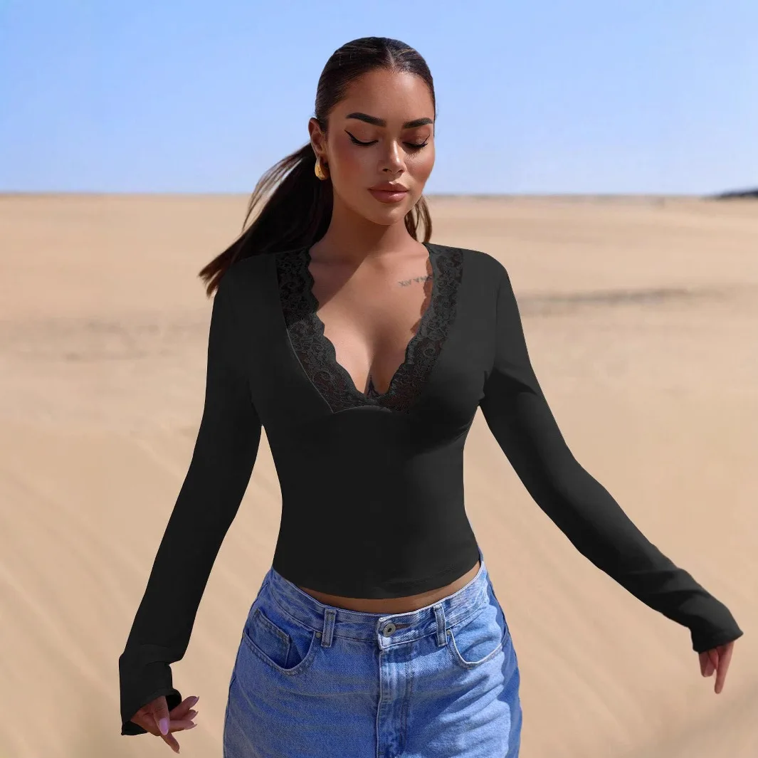 2026 Ladies New Fashion Trend High Quality Versatile V Neck Spliced Lace Sexy Hot Girl Long Sleeve Comfortable Slim Top Women
2026 Ladies New Fashion Trend High Quality Versatile V Neck Spliced Lace Sexy Hot Girl Long Sleeve Comfortable Slim Top Women
