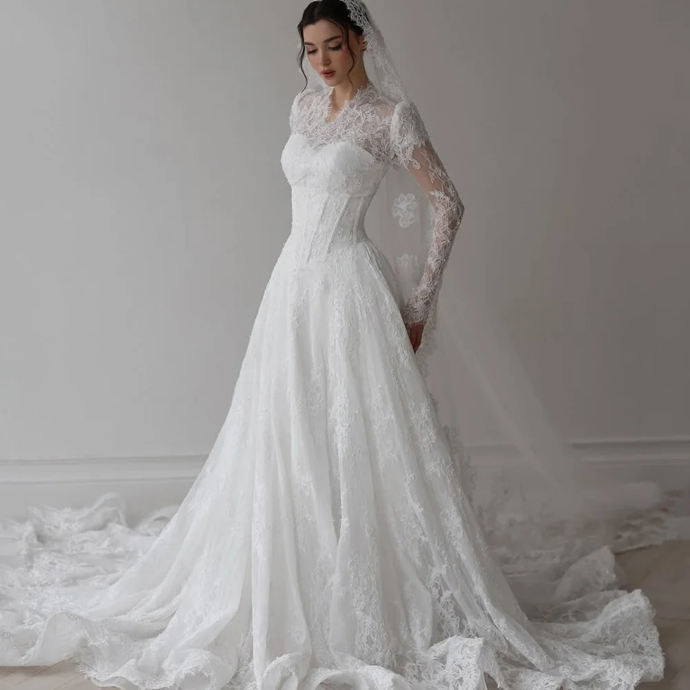 Charming Appliques Lace Customized Vestido De Novia Fashion V-neck Long Sleeves Wedding Dress Elegant A-Line Vestido De Novia
Charming Appliques Lace Customized Vestido De Novia Fashion V-neck Long Sleeves Wedding Dress Elegant A-Line Vestido De Novia
