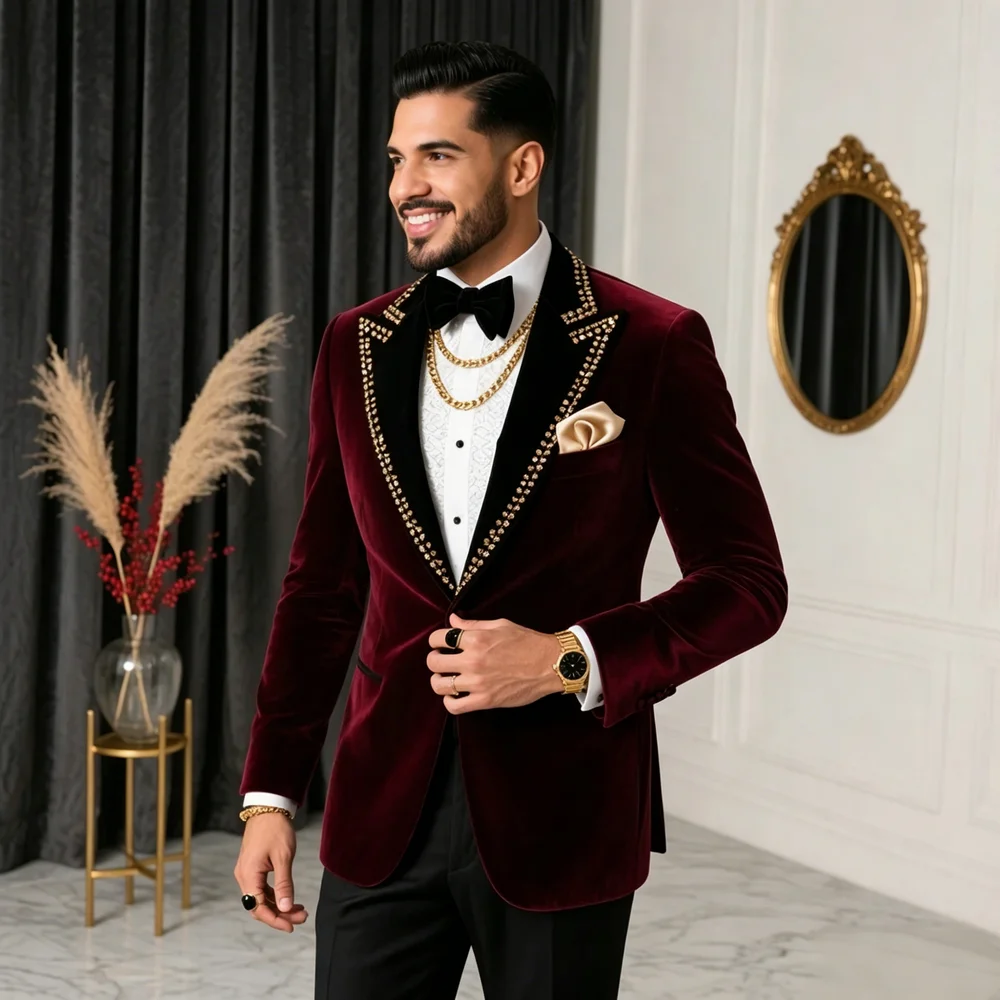 2026 Men Suit Sets Formal Banquet Luxury Burgundy Velvet Blazer Pants Beaded Outfits Wedding Groom Fashion Slim Fit Costumes
2026 Men Suit Sets Formal Banquet Luxury Burgundy Velvet Blazer Pants Beaded Outfits Wedding Groom Fashion Slim Fit Costumes