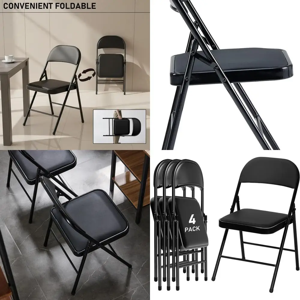 Набор из 4 складных стульев с черной подкладкой: портативные штабелируемые обеденные стулья для использования в помещении и на открытом воздухе.
Набор из 4 складных стульев с черной подкладкой: портативные штабелируемые обеденные стулья для использования в помещении и на открытом воздухе.