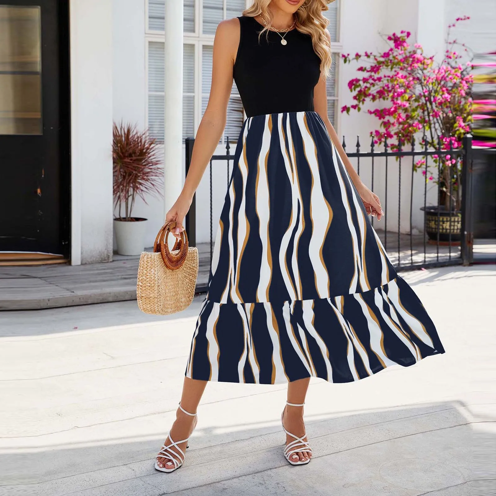 Contrast Color Dress Print New Dress Casual Sleeveless Long Dress Women's O-neck Printed Dress Swing Bohemian Retro Dresses
Contrast Color Dress Print New Dress Casual Sleeveless Long Dress Women's O-neck Printed Dress Swing Bohemian Retro Dresses