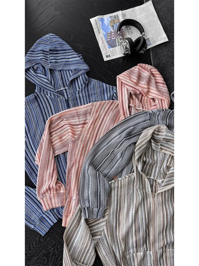 Open Cardigan Men's Loose Fit Hollow out Knitted Stripe Design Summer 2026 Breathable Polyester Long Sleeve Shirt
Open Cardigan Men's Loose Fit Hollow out Knitted Stripe Design Summer 2026 Breathable Polyester Long Sleeve Shirt