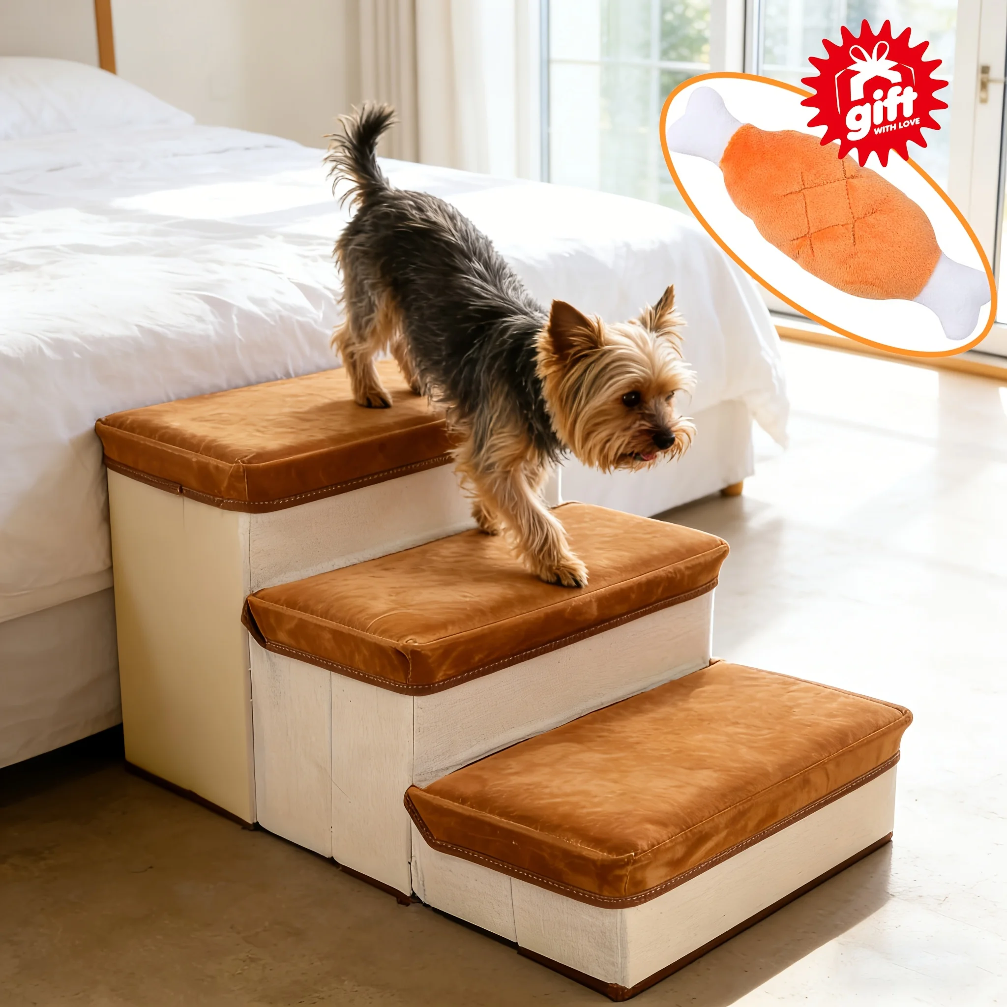 3-Tier Foldable Dog Stairs with Non-Slip Surface, Nylon Pet Ramp for Small to Extra Small Breeds - Ideal for High Beds And Sofas, Brown And White Upholstery, Pet Stairs, Dog Steps, Dog Stairs for High Beds, Dog Steps for High Bed
3-Tier Foldable Dog Stairs with Non-Slip Surface, Nylon Pet Ramp for Small to Extra Small Breeds - Ideal for High Beds And Sofas, Brown And White Upholstery, Pet Stairs, Dog Steps, Dog Stairs for High Beds, Dog Steps for High Bed