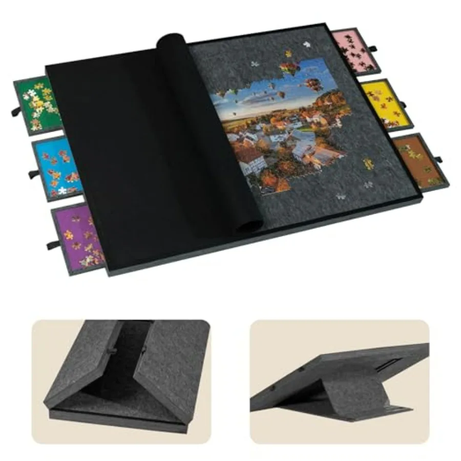 Foldable jigsaw puzzle table for home use, lightweight felt material, dark gray color, 3-tilting-angle plateau and 6 sorting dr
Foldable jigsaw puzzle table for home use, lightweight felt material, dark gray color, 3-tilting-angle plateau and 6 sorting dr