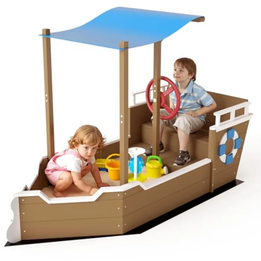 Outdoor kids wooden sandbox with canopy for pirate ship play, natural wood finish, UV-resistant beige roof, bottomless design w
Outdoor kids wooden sandbox with canopy for pirate ship play, natural wood finish, UV-resistant beige roof, bottomless design w