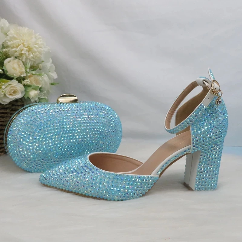 Blue Crystal Sandals Women Rhinestone Bridal Wedding Shoes and bag Set Pointed Toe Bridesmaid Party Dress Shoes Thick Heel
Blue Crystal Sandals Women Rhinestone Bridal Wedding Shoes and bag Set Pointed Toe Bridesmaid Party Dress Shoes Thick Heel
