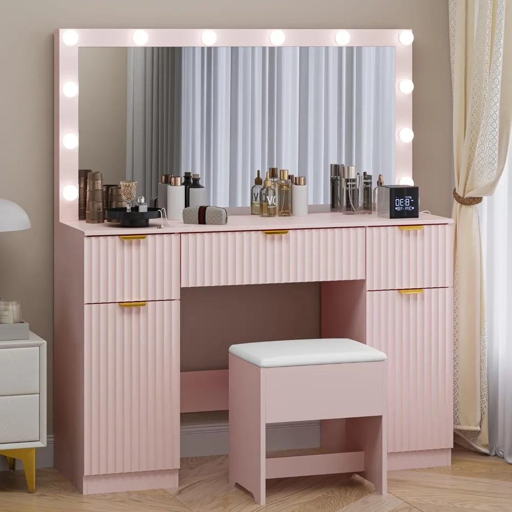 Fluted Makeup Vanity with Large Lighted Mirror and Chair, 7 Drawer Dressing Table with Power Outlet and USB, Elegant Vanity Desk
Fluted Makeup Vanity with Large Lighted Mirror and Chair, 7 Drawer Dressing Table with Power Outlet and USB, Elegant Vanity Desk