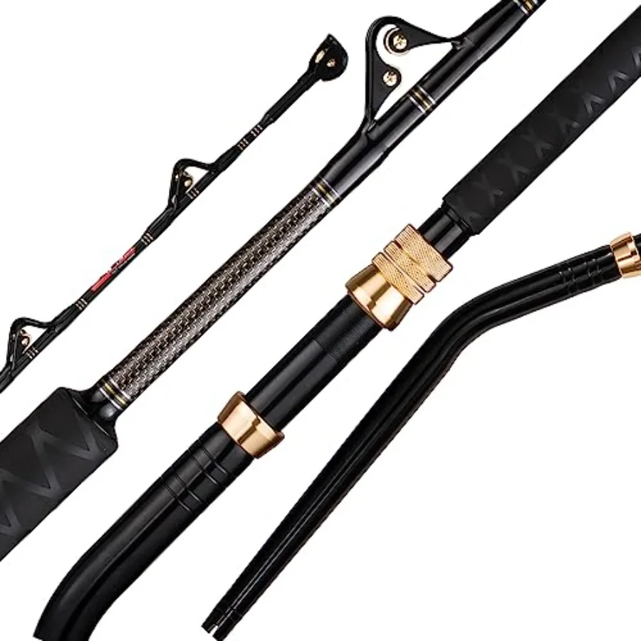 Offshore saltwater trolling rod, stainless steel roller guides, black anodized finish, heavy-duty bent butt design for big game
Offshore saltwater trolling rod, stainless steel roller guides, black anodized finish, heavy-duty bent butt design for big game