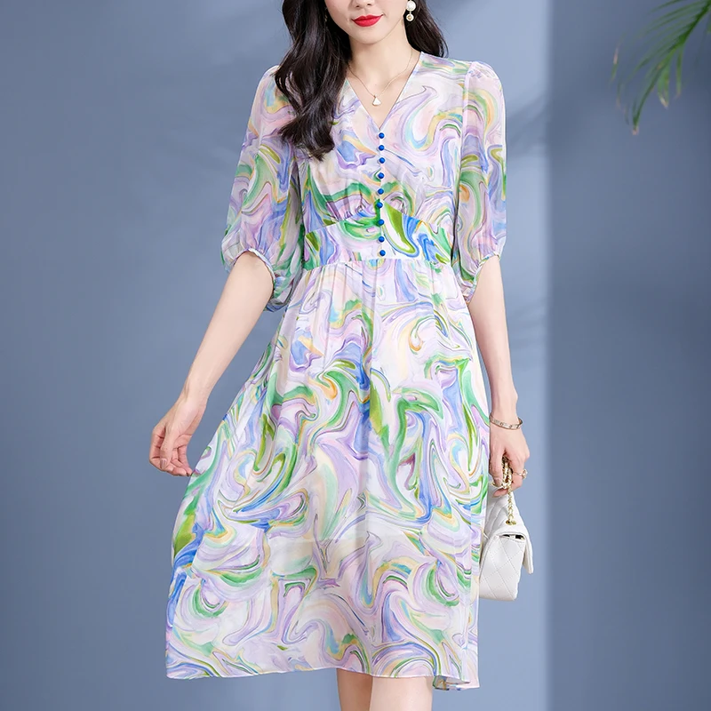 100% Real Silk Summer Dresses For Women 2024 Elegant V-neck Vintage High Waist Woman Print Dress A-line Women's Long Midi Dress
100% Real Silk Summer Dresses For Women 2024 Elegant V-neck Vintage High Waist Woman Print Dress A-line Women's Long Midi Dress