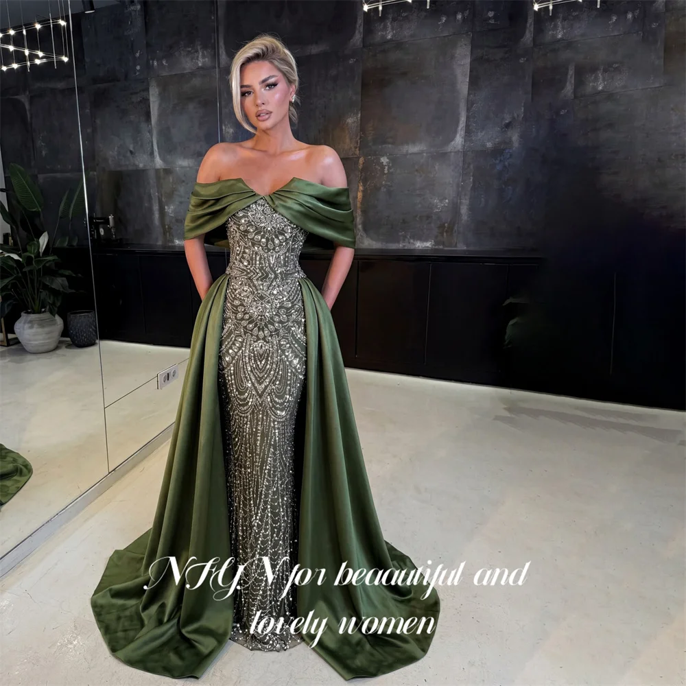 NFYN Green Party Dresses Off the Shoulder Short Sleeve Evening Dresses Full Beaded Bodice فساتين السهرة A Line Modest Customized
NFYN Green Party Dresses Off the Shoulder Short Sleeve Evening Dresses Full Beaded Bodice فساتين السهرة A Line Modest Customized
