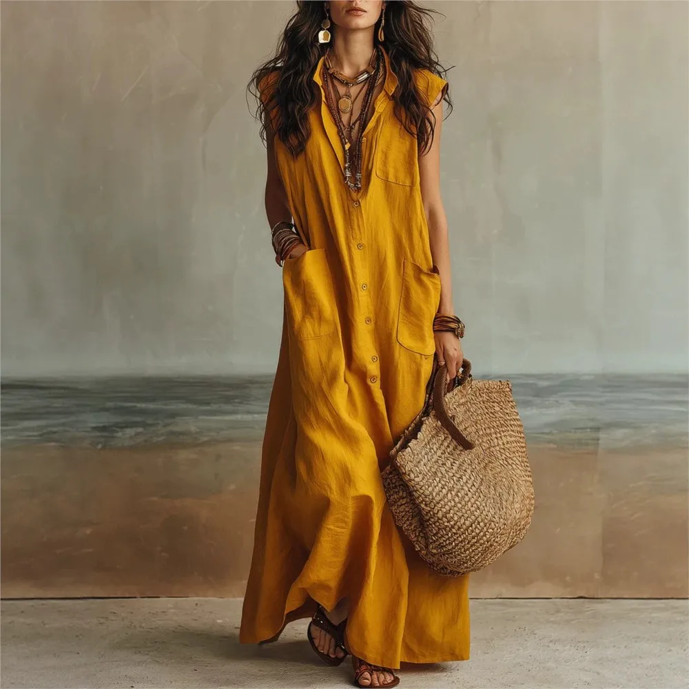 Summer Bohemian Women's Maxi Dress Sleeveless V-Neck Button Linen Dress Casual Pocket Sundress Vintage Vacation Trendy Dress
Summer Bohemian Women's Maxi Dress Sleeveless V-Neck Button Linen Dress Casual Pocket Sundress Vintage Vacation Trendy Dress