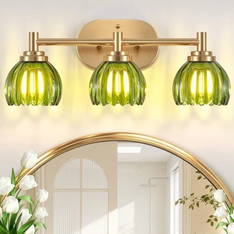 Bathroom Light Fixtures, 3-Light Brushed Vanity Lights for Bathroom with Tulip Green Glass Shade, Bathroom Vanity Lighting Over
Bathroom Light Fixtures, 3-Light Brushed Vanity Lights for Bathroom with Tulip Green Glass Shade, Bathroom Vanity Lighting Over