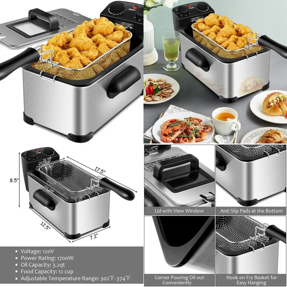 1700W Stainless Steel Deep Fryer, 3L Single Tank, 12 Cups Basket, Timer & Thermostat, Compact Countertop Model
1700W Stainless Steel Deep Fryer, 3L Single Tank, 12 Cups Basket, Timer & Thermostat, Compact Countertop Model