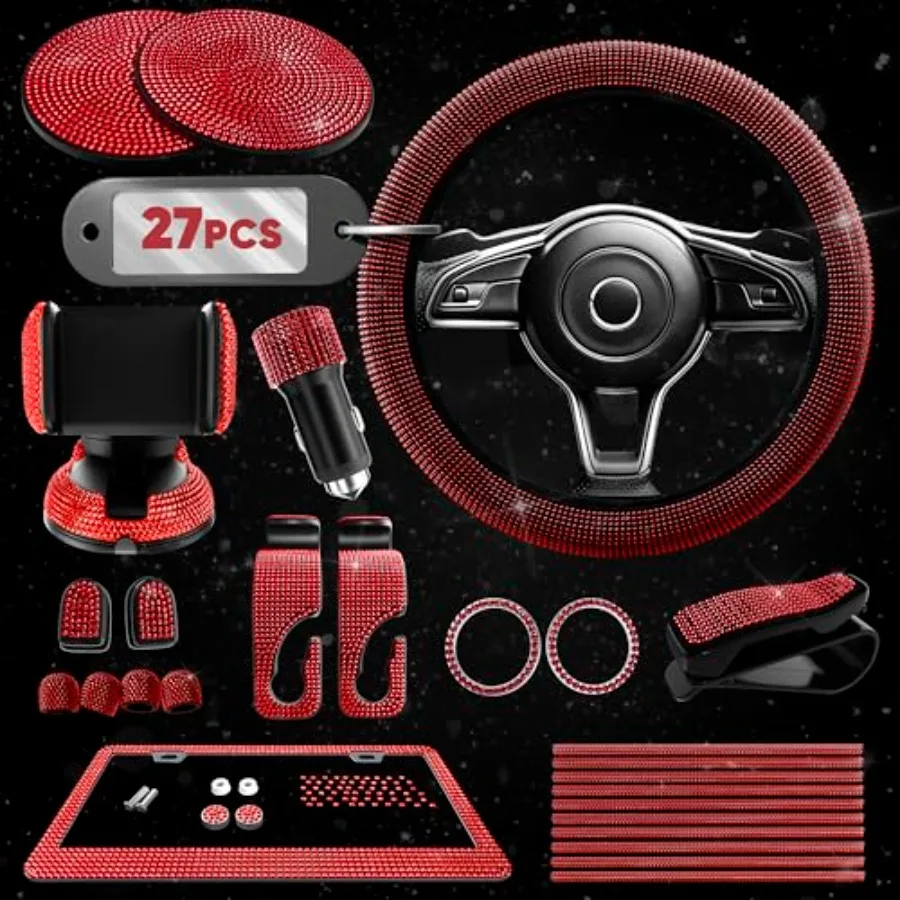 Red Bling Car Accessories Set 27 Pieces Car Interior Set Including Steering Wheel Cover Diamond License Plate Frame Phone Holde
Red Bling Car Accessories Set 27 Pieces Car Interior Set Including Steering Wheel Cover Diamond License Plate Frame Phone Holde