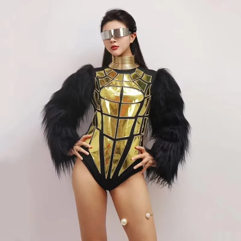 Bar Sexy Bodysuit Gold Laser Mirror Crystal Fur Sleeve Nightclub Women Performance Dance Costume Singer Stage Drag Queen Costum
Bar Sexy Bodysuit Gold Laser Mirror Crystal Fur Sleeve Nightclub Women Performance Dance Costume Singer Stage Drag Queen Costum