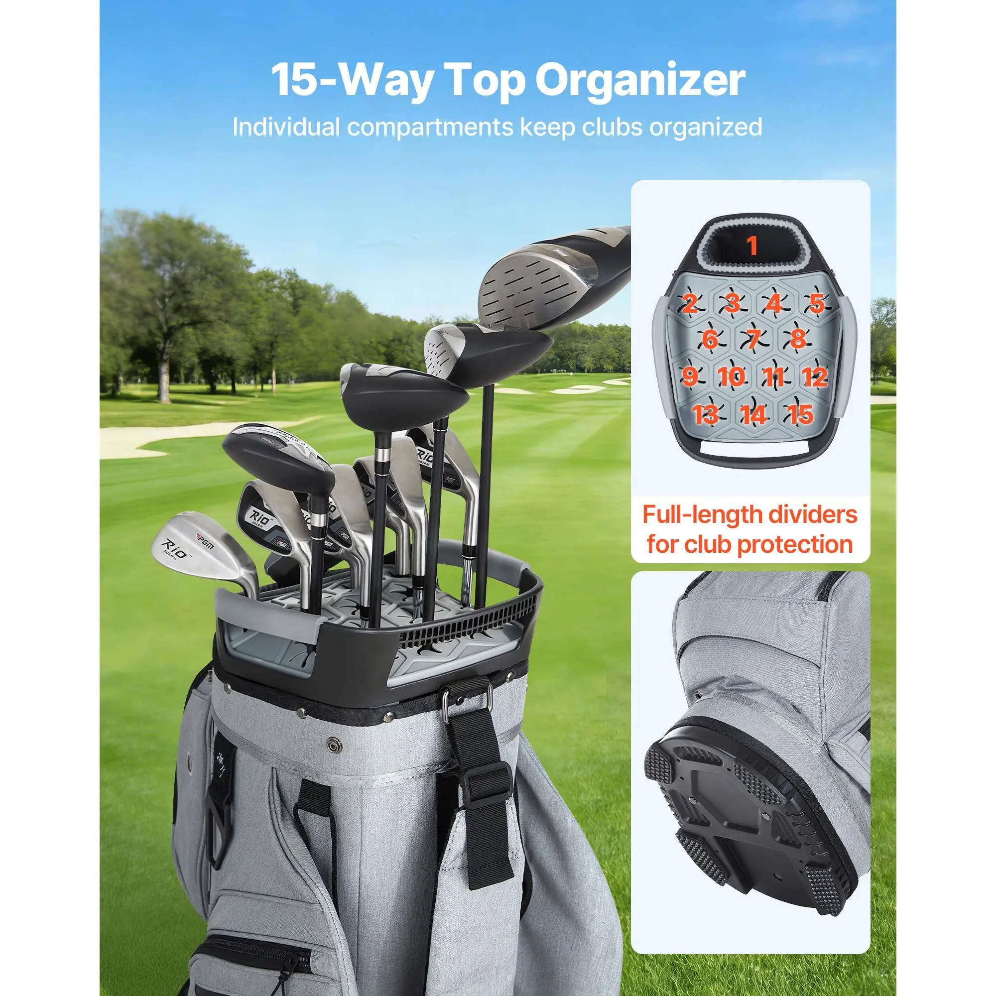 Golf Cart Bag, 15 Way Top Divider Organizer, Golf Club Bag with Full-length Divider, Rain Hood, Storage Pockets, Shoulder Strap, High-Strength Polyester, Silicone Head Protection for Men & Women
Golf Cart Bag, 15 Way Top Divider Organizer, Golf Club Bag with Full-length Divider, Rain Hood, Storage Pockets, Shoulder Strap, High-Strength Polyester, Silicone Head Protection for Men & Women