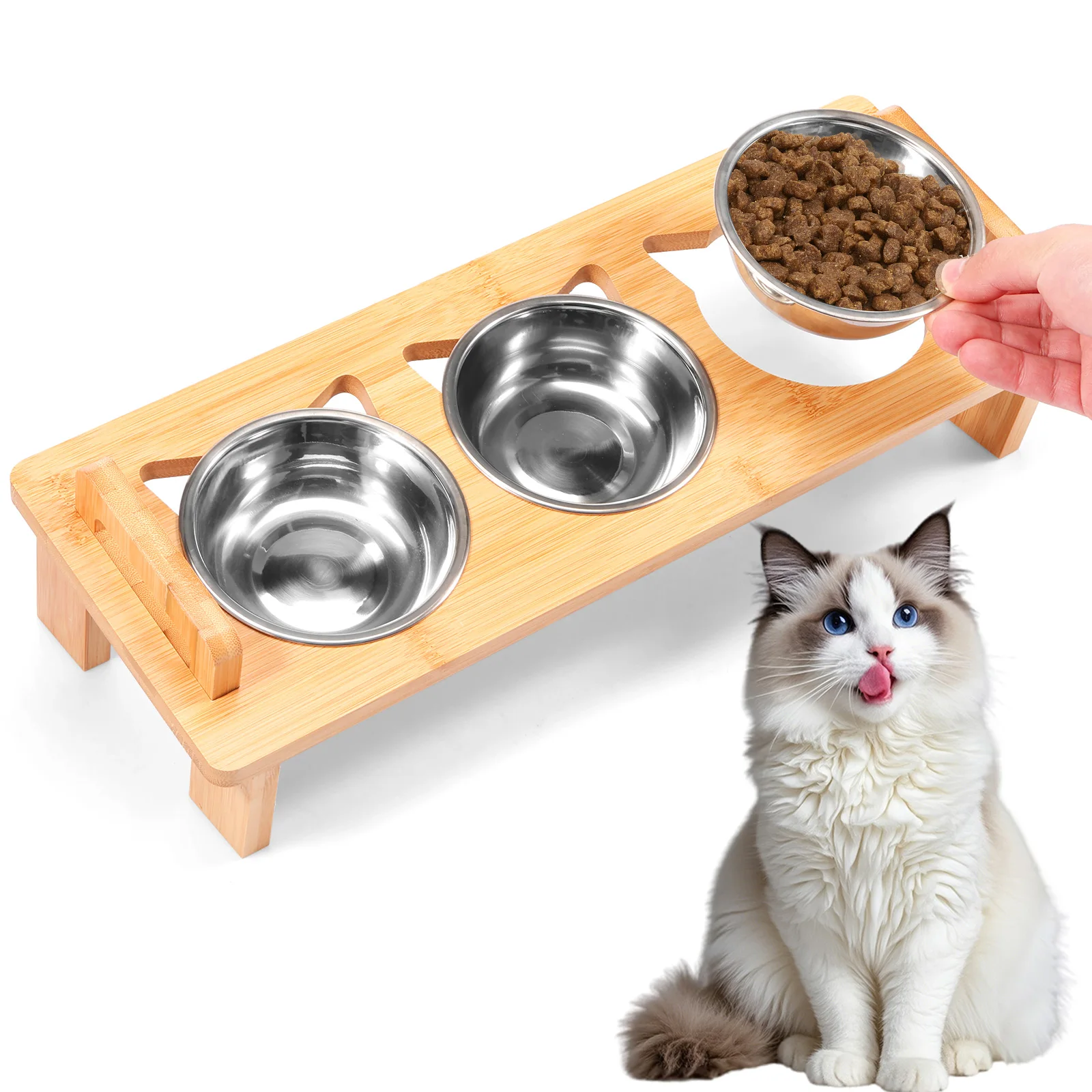 Elevated Cat Feeder Stand 3 Stainless Steel Bowls Adjustable Raised Stand Wooden Pet Dry Wet Food Water Bowl
Elevated Cat Feeder Stand 3 Stainless Steel Bowls Adjustable Raised Stand Wooden Pet Dry Wet Food Water Bowl