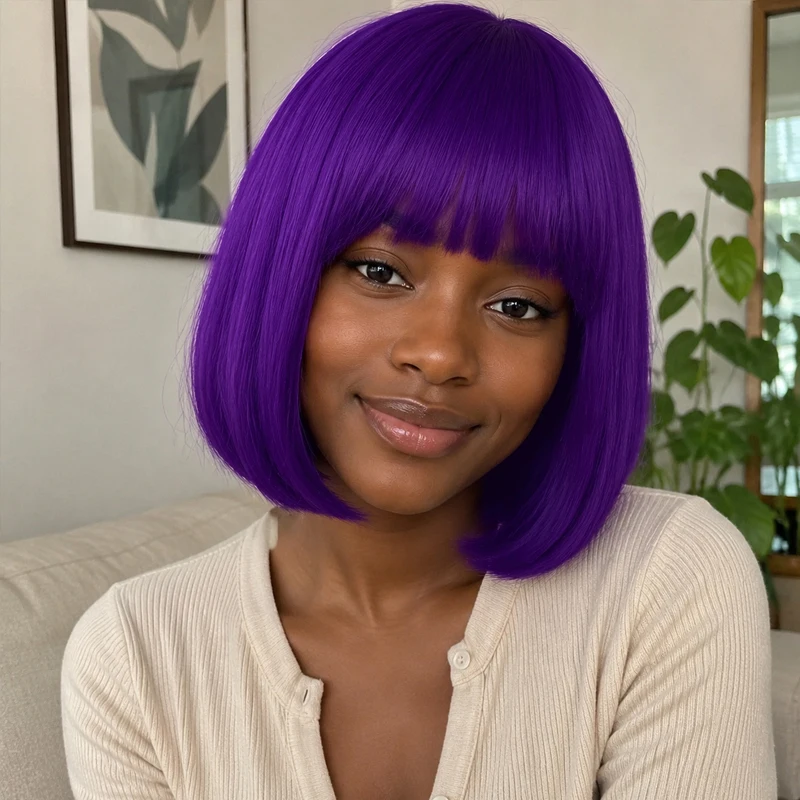 12-inch deep purple bob wig, synthetic material, party wig, trendy and voluminous style.
12-inch deep purple bob wig, synthetic material, party wig, trendy and voluminous style.