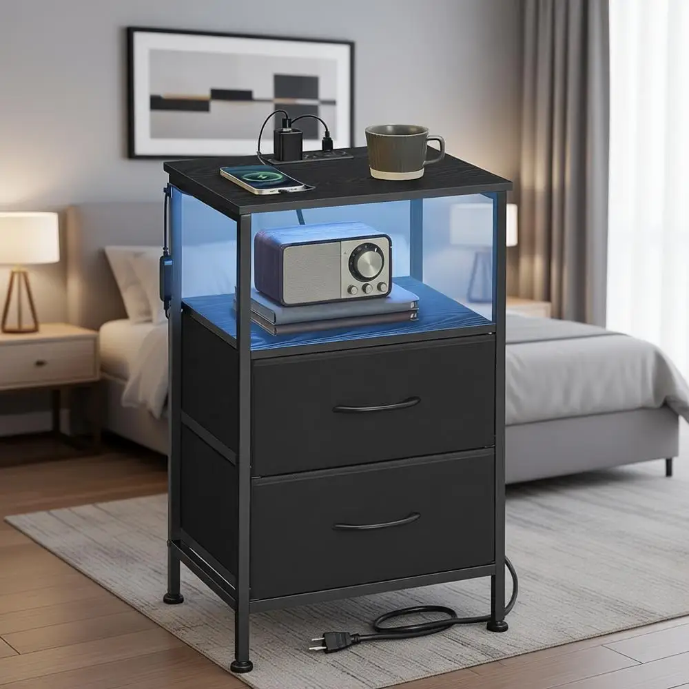 Современная прикроватная тумбочка с зарядной станцией, регулируемой светодиодной подсветкой, 2 ящиками и открытой полкой, мебель для спальни, черная
Современная прикроватная тумбочка с зарядной станцией, регулируемой светодиодной подсветкой, 2 ящиками и открытой полкой, мебель для спальни, черная