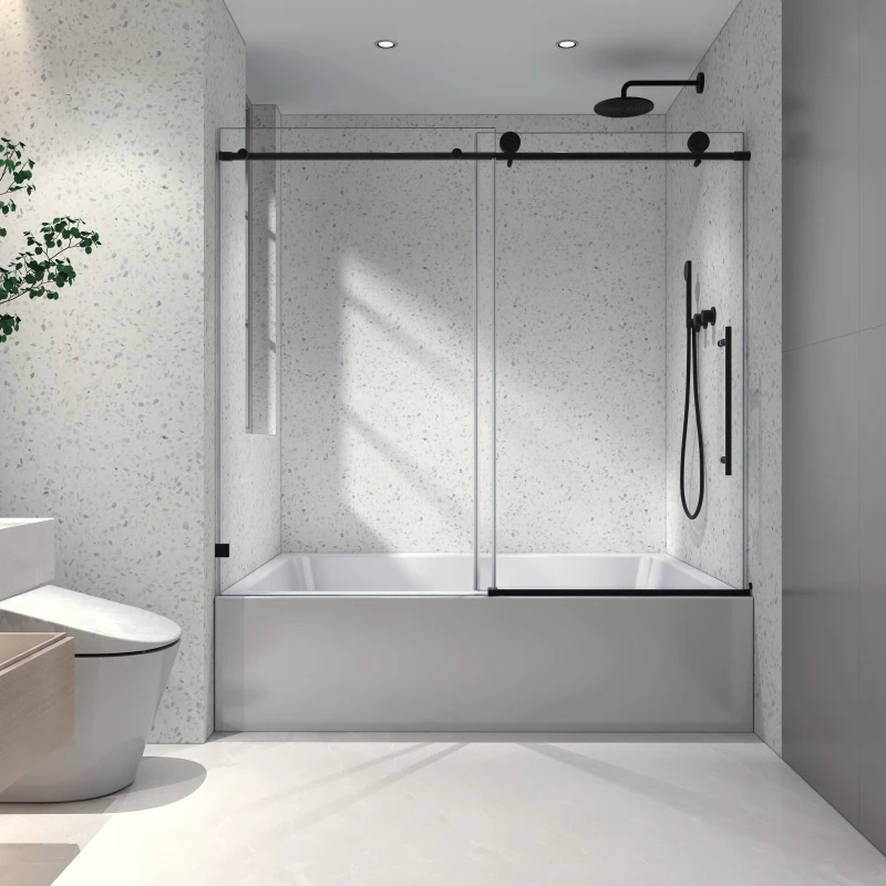Matte Black Frameless One Fixed and One Shifted Shower Door, 70MM 304 Stainless Steel Large Pulleys with Adjustable Soft
Matte Black Frameless One Fixed and One Shifted Shower Door, 70MM 304 Stainless Steel Large Pulleys with Adjustable Soft