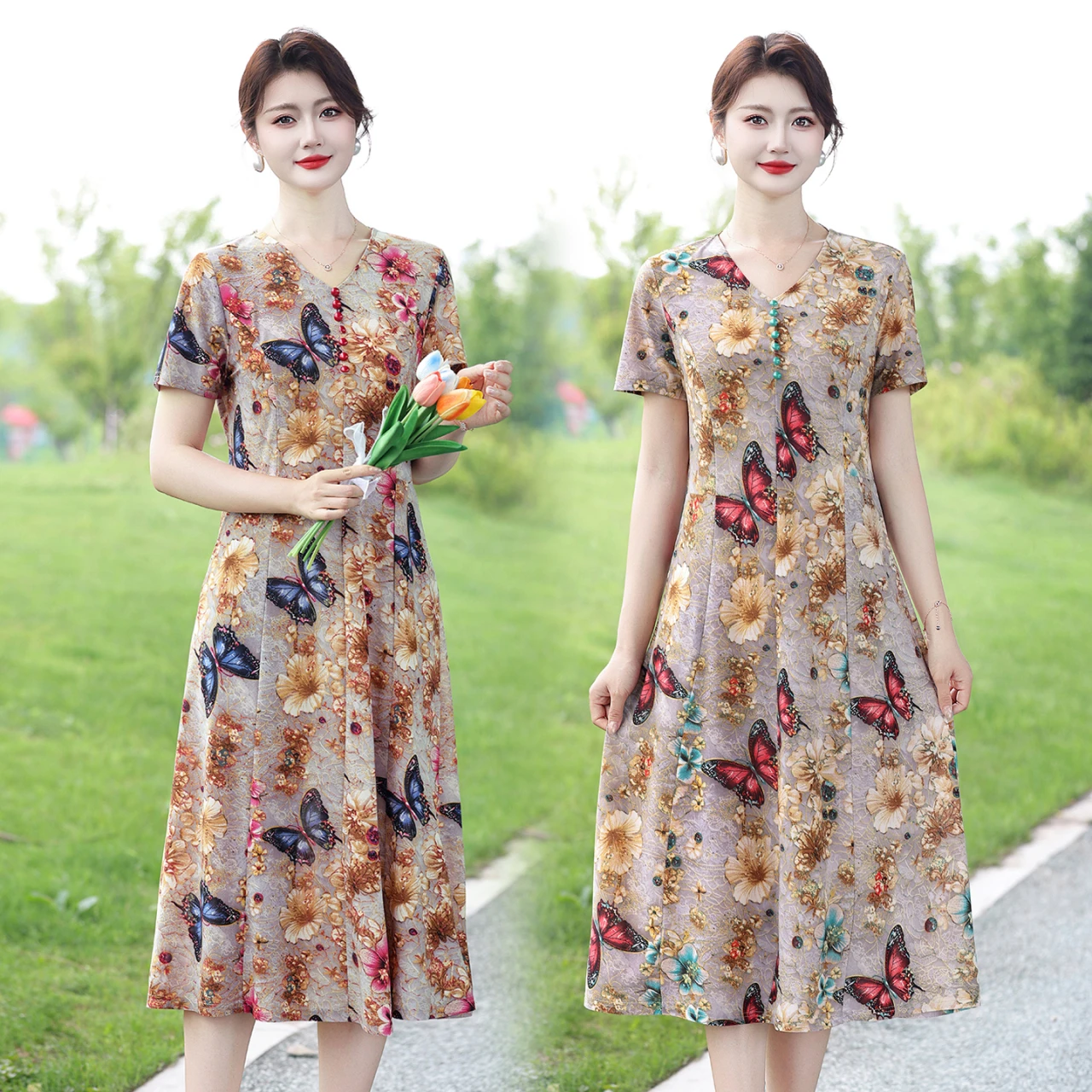 Women's Floral Print Midi Dress V Neck Short Sleeve Casual Elegant Dress
Women's Floral Print Midi Dress V Neck Short Sleeve Casual Elegant Dress