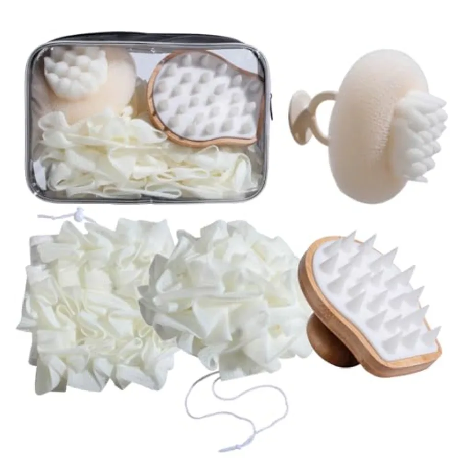 Bath Tools Set, 5 PCS Loofah Washcloth Combo 2-in-1, Suction Cup Bath Ball Silicone Body Bath Brush with Waterproof Cosmetic Ba
Bath Tools Set, 5 PCS Loofah Washcloth Combo 2-in-1, Suction Cup Bath Ball Silicone Body Bath Brush with Waterproof Cosmetic Ba