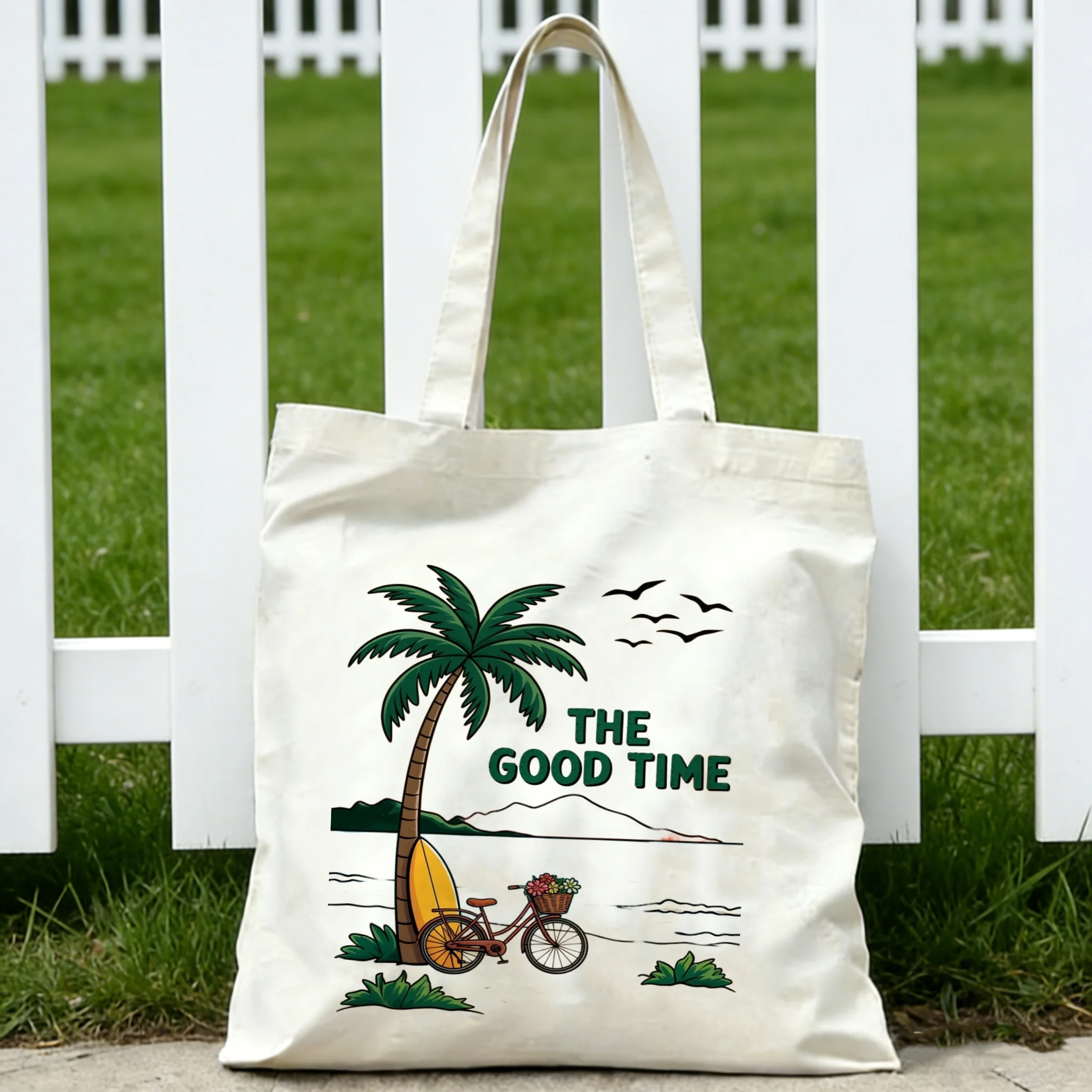 1PC "The Good Time" Beach Scene with Palm Tree & Bicycle Canvas Tote Bag Eco-friendly Reusable Shoulder Bag
1PC "The Good Time" Beach Scene with Palm Tree & Bicycle Canvas Tote Bag Eco-friendly Reusable Shoulder Bag