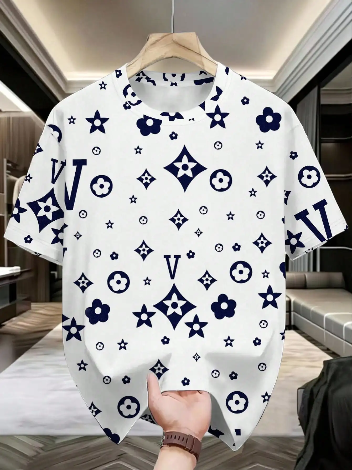 Navy Blue Floral & Geometric Print Loose Fit Casual Men's Short Sleeve T-Shirt
Navy Blue Floral & Geometric Print Loose Fit Casual Men's Short Sleeve T-Shirt