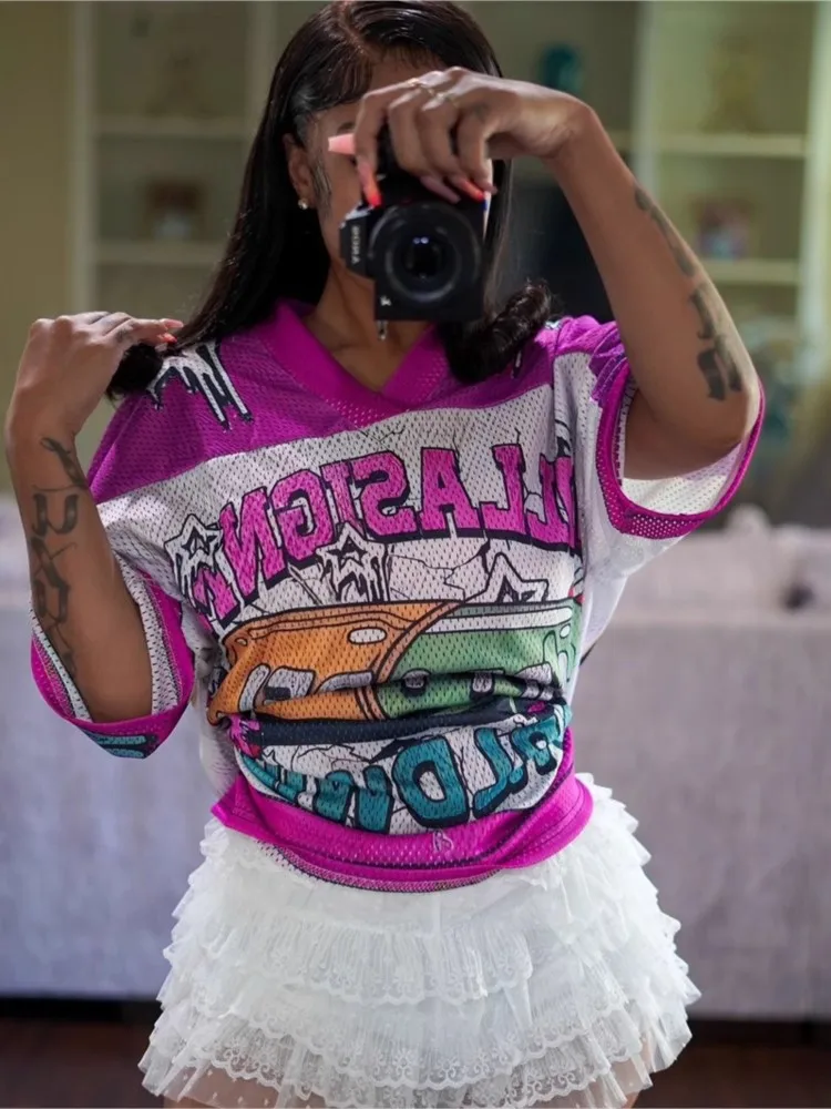 Fashion Women's Tops Hip-Hop Graphic T-shirt 2025 Y2K American Street V-Neck Half Sleeve Baseball Jersey Top Female New Clothing
Fashion Women's Tops Hip-Hop Graphic T-shirt 2025 Y2K American Street V-Neck Half Sleeve Baseball Jersey Top Female New Clothing
