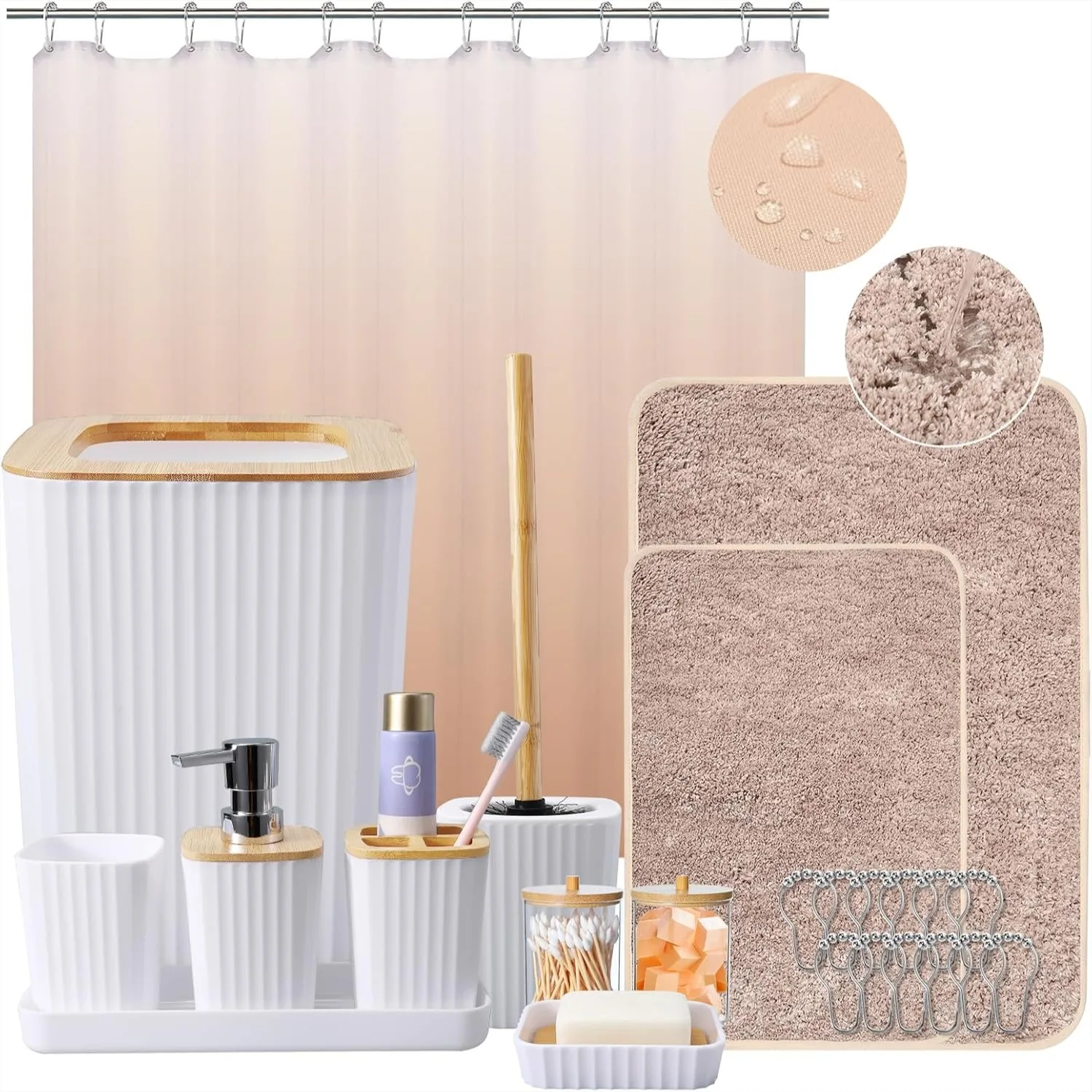 24Pcs White and Gold Bathroom Set with Shower Curtain and Rug, Complete Accessories Set for Spa-Like Decor
24Pcs White and Gold Bathroom Set with Shower Curtain and Rug, Complete Accessories Set for Spa-Like Decor