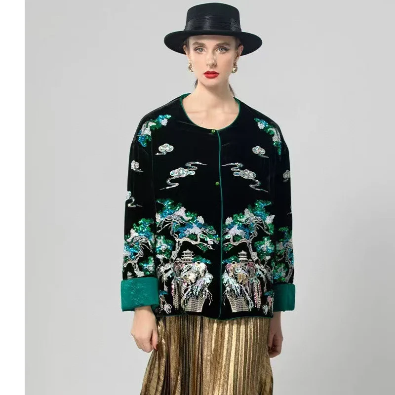 Autumn And Winter New O-Neck Chinese Style Jacquard+Sequin Embroidery Contrasting Color Cuffs Loose Velvet Cotton Jacket S-XL
Autumn And Winter New O-Neck Chinese Style Jacquard+Sequin Embroidery Contrasting Color Cuffs Loose Velvet Cotton Jacket S-XL