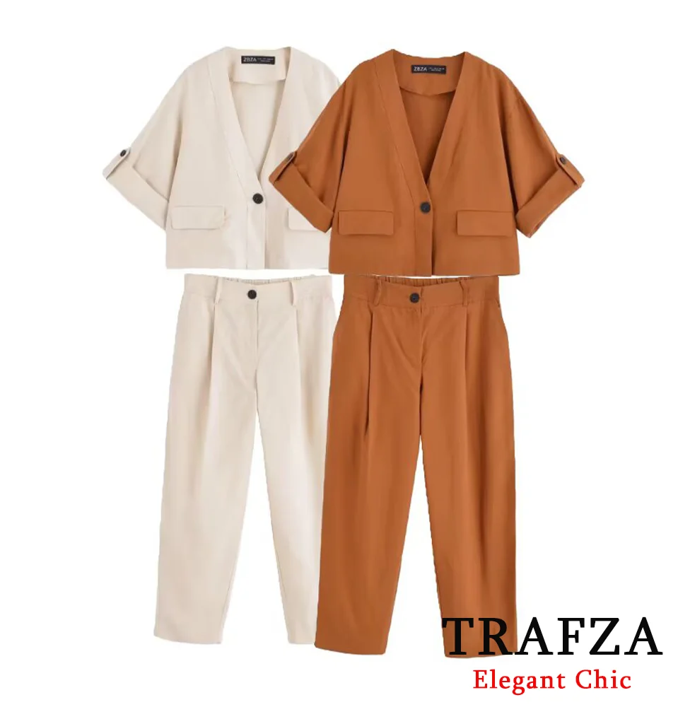 TRAFZA Casual Lady Commute Pant Set Single Button Half Sleeve Shirts Or Long Pant 2025 Spring Summer Fashion Elegant Women Set
TRAFZA Casual Lady Commute Pant Set Single Button Half Sleeve Shirts Or Long Pant 2025 Spring Summer Fashion Elegant Women Set