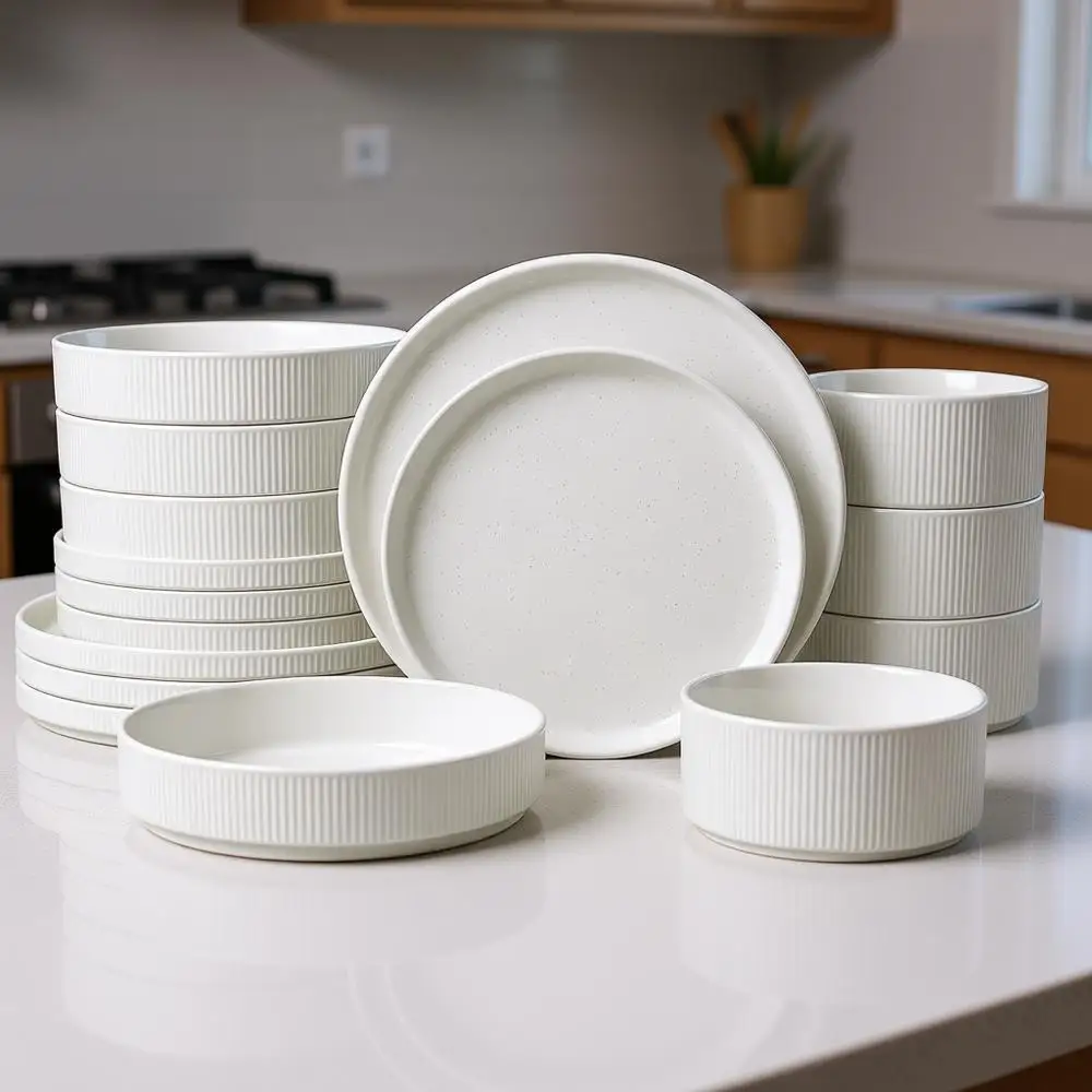 Набор посуды из 16 предметов: тарелки для пасты, тарелки обеденные и другая посуда – для микроволновой печи и посудомоечной машины, белый с прожилками
Набор посуды из 16 предметов: тарелки для пасты, тарелки обеденные и другая посуда – для микроволновой печи и посудомоечной машины, белый с прожилками