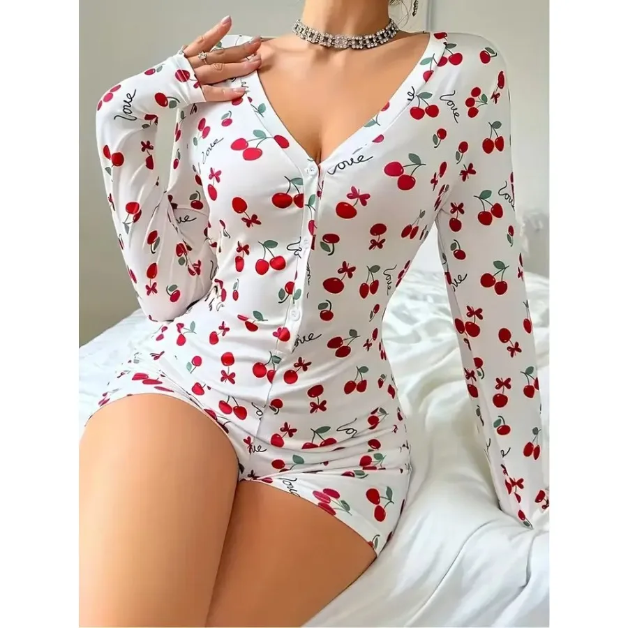 Summer Pajamas Onesies Women's Sexy Bodysuit Casual Cherry Print V-neck Front Button Long Sleeve Slim Fit Jumpsuit Sleepwear
Summer Pajamas Onesies Women's Sexy Bodysuit Casual Cherry Print V-neck Front Button Long Sleeve Slim Fit Jumpsuit Sleepwear