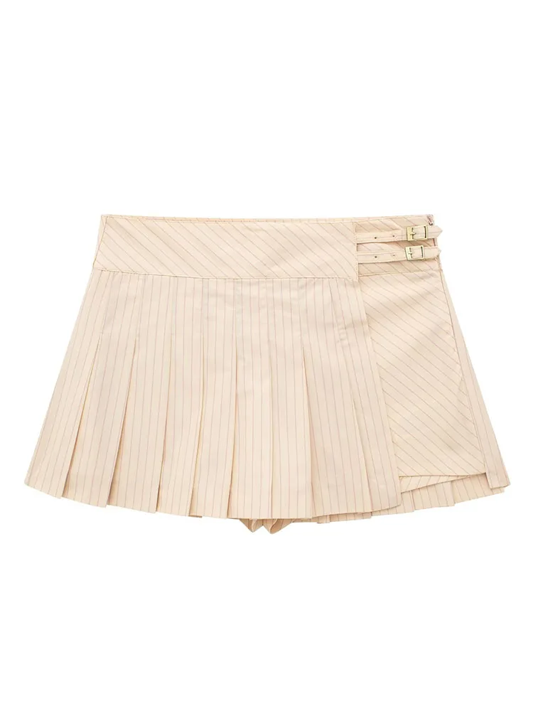 Women New Fashion Buckle decoration Striped Wide pleat Slim Shorts Skirts Vintage High Waist Side Zipper Female Skorts Mujer
Women New Fashion Buckle decoration Striped Wide pleat Slim Shorts Skirts Vintage High Waist Side Zipper Female Skorts Mujer