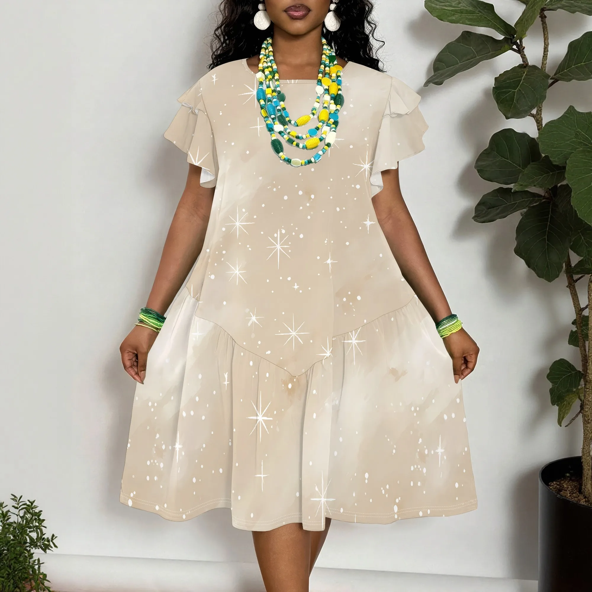 Women's Plus Size Sparkle Print Short Sleeve Dress XL-6XL, Loose Fit Summer Casual Tunic with Ruffle Sleeves
Women's Plus Size Sparkle Print Short Sleeve Dress XL-6XL, Loose Fit Summer Casual Tunic with Ruffle Sleeves