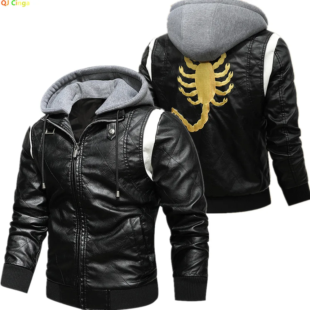 European and American-style Men's White Faux Leather Jacket; Black Hooded PU Motorcycle Coat with A Detachable Hood.
European and American-style Men's White Faux Leather Jacket; Black Hooded PU Motorcycle Coat with A Detachable Hood.