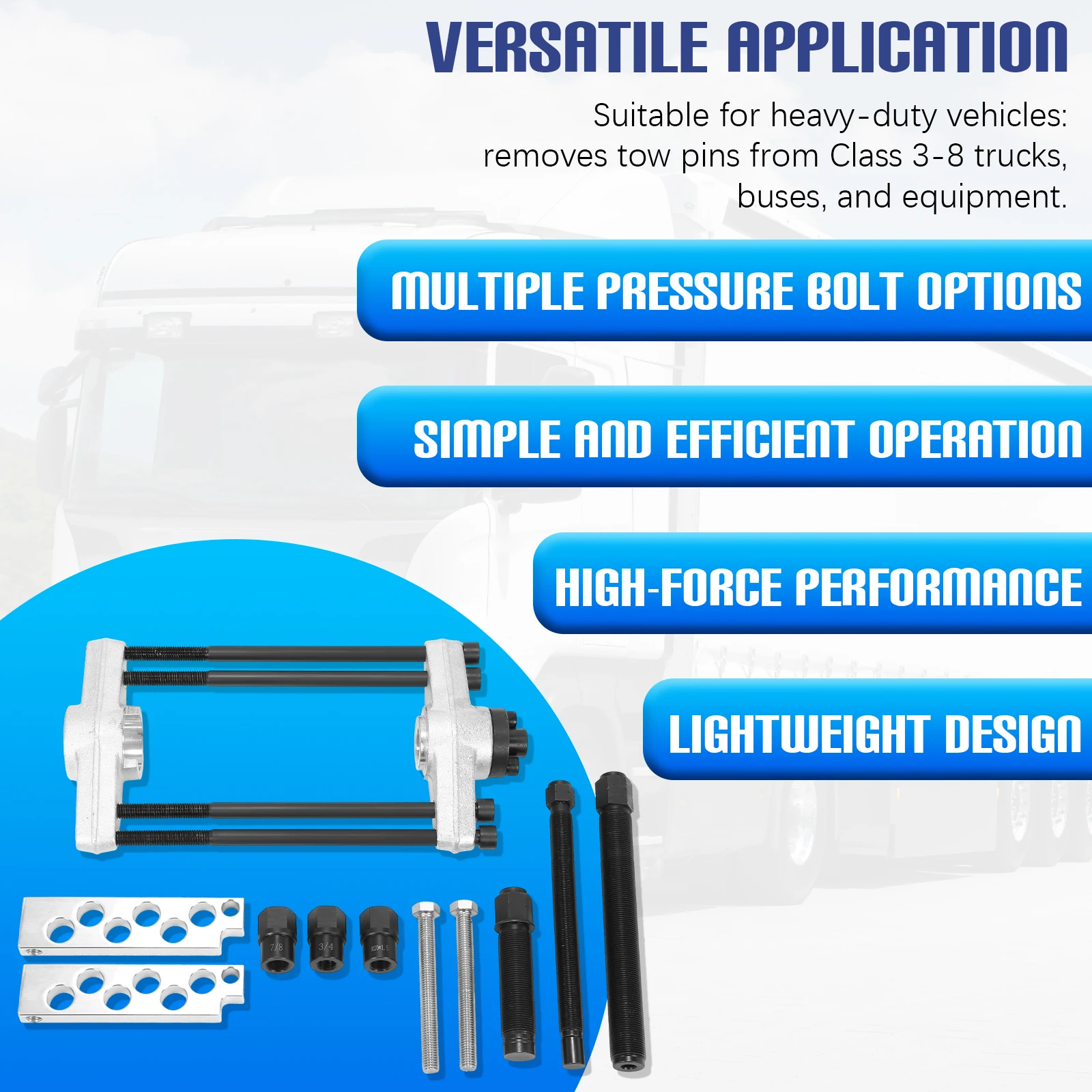 Инструменты для снятия и установки шарниров подвески (King Pin Press) для тяжелых грузовиков и транспортного оборудования классов 3-8
Инструменты для снятия и установки шарниров подвески (King Pin Press) для тяжелых грузовиков и транспортного оборудования классов 3-8