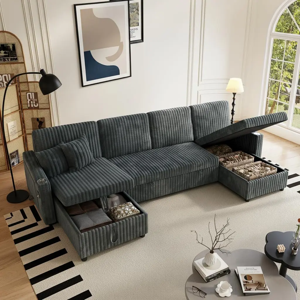 110" Sleeper Sectional Sofa, Comfy U Shaped Couch with Pull Out Bed, Convertible Corduroy Cloud Sofa with Double, Customized
110" Sleeper Sectional Sofa, Comfy U Shaped Couch with Pull Out Bed, Convertible Corduroy Cloud Sofa with Double, Customized