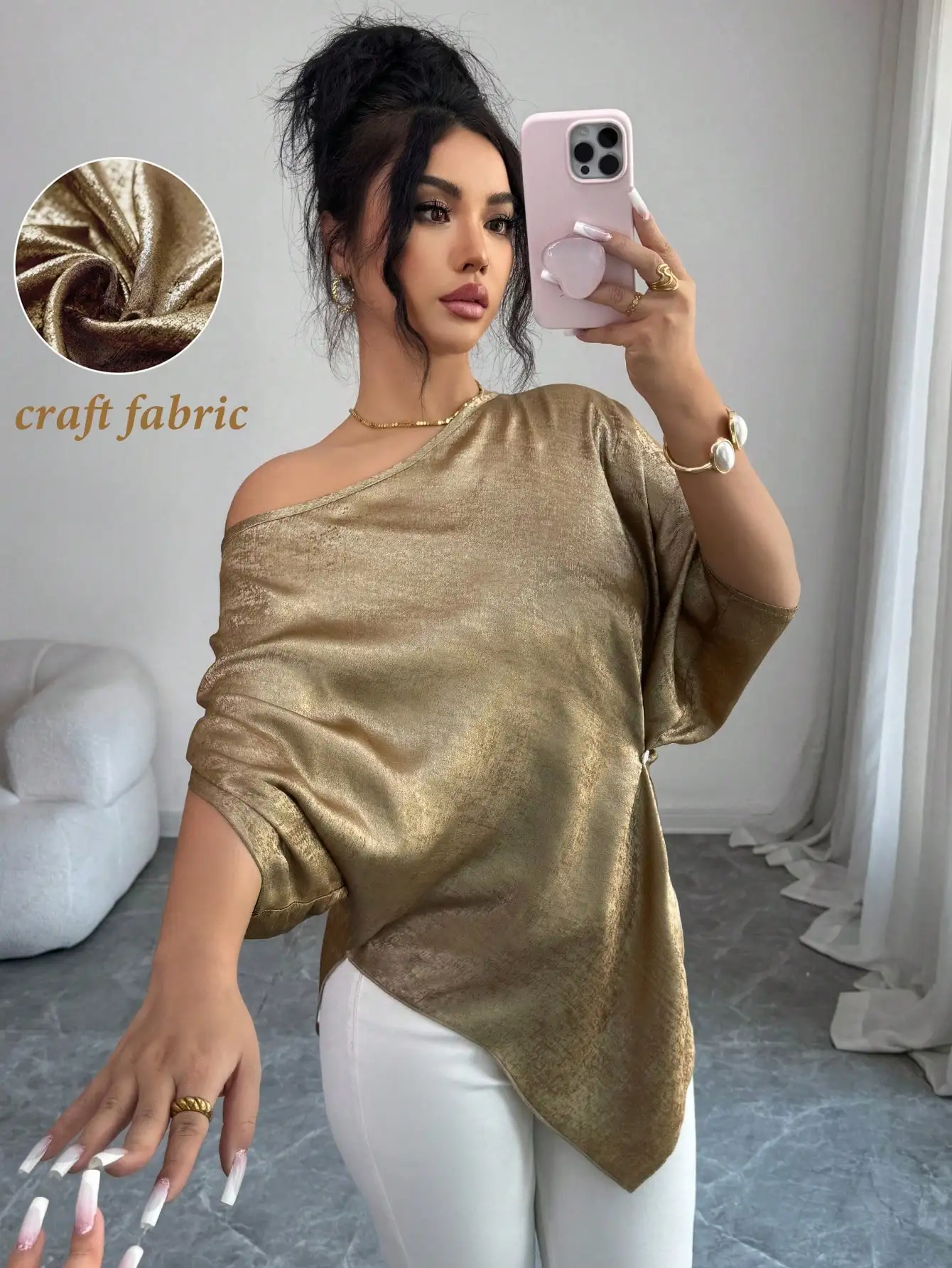 Asymmetrical Batwing Sleeve Blouse Champagne Gold Shimmer Loose Fit Women's Top
Asymmetrical Batwing Sleeve Blouse Champagne Gold Shimmer Loose Fit Women's Top
