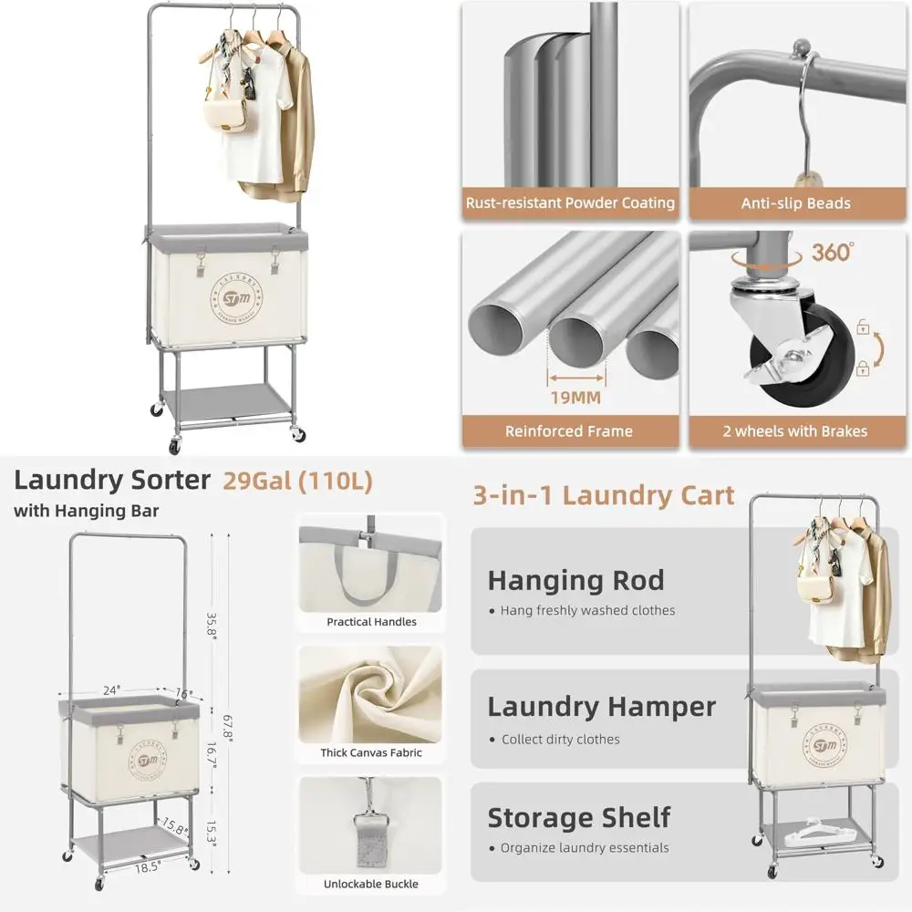Сверхмощная большая тележка для белья на колесиках объемом 110 л с подвесной штангой и полкой для хранения для организации одежды
Сверхмощная большая тележка для белья на колесиках объемом 110 л с подвесной штангой и полкой для хранения для организации одежды