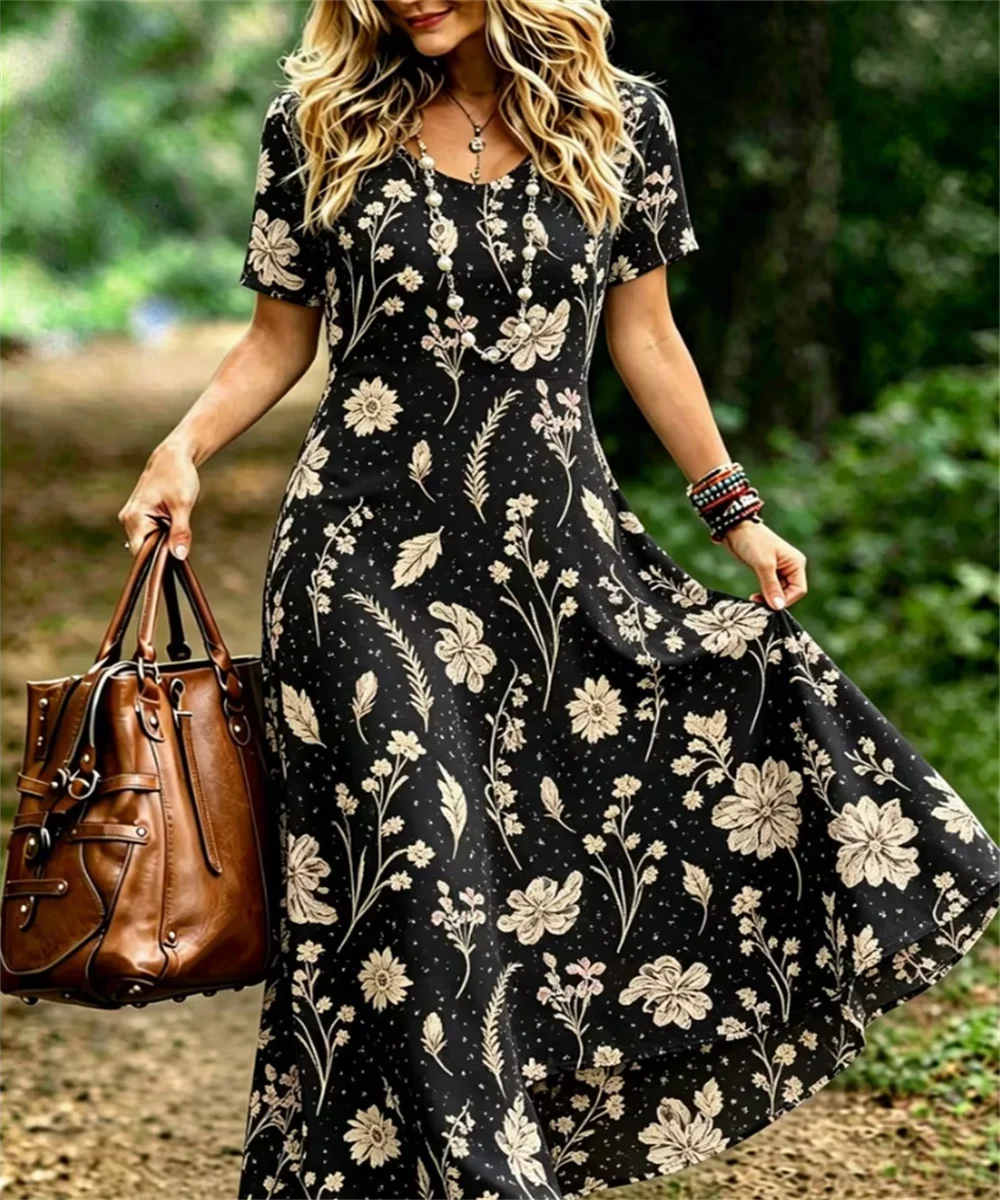 Ladies' summer new retro plant floral print dress, V-neck short sleeved elegant casual long skirt
Ladies' summer new retro plant floral print dress, V-neck short sleeved elegant casual long skirt