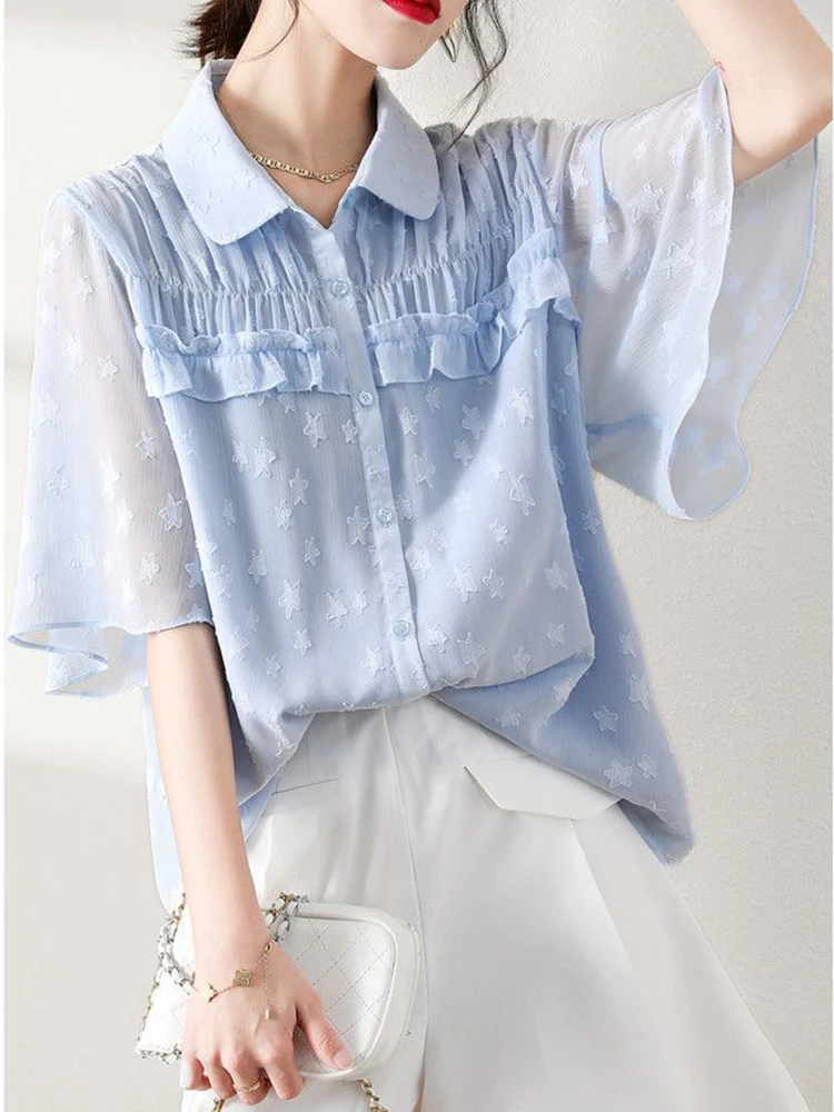 Zoki Star Print Ruffles Chiffon Shirt Women Elegant Sweet Loose Korean Blouse Casual Short Sleeve Fashion Solid Office Lady Tops
Zoki Star Print Ruffles Chiffon Shirt Women Elegant Sweet Loose Korean Blouse Casual Short Sleeve Fashion Solid Office Lady Tops