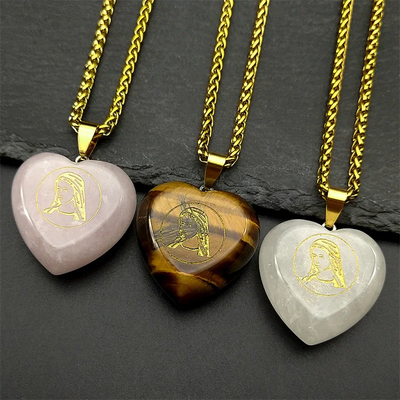 Pink Crystal Heart Virgin Mary Prayer Necklaces for Women Men Stainless Steel Gold Color Catholic Tiger Eye Stone Jewelry Gift
Pink Crystal Heart Virgin Mary Prayer Necklaces for Women Men Stainless Steel Gold Color Catholic Tiger Eye Stone Jewelry Gift