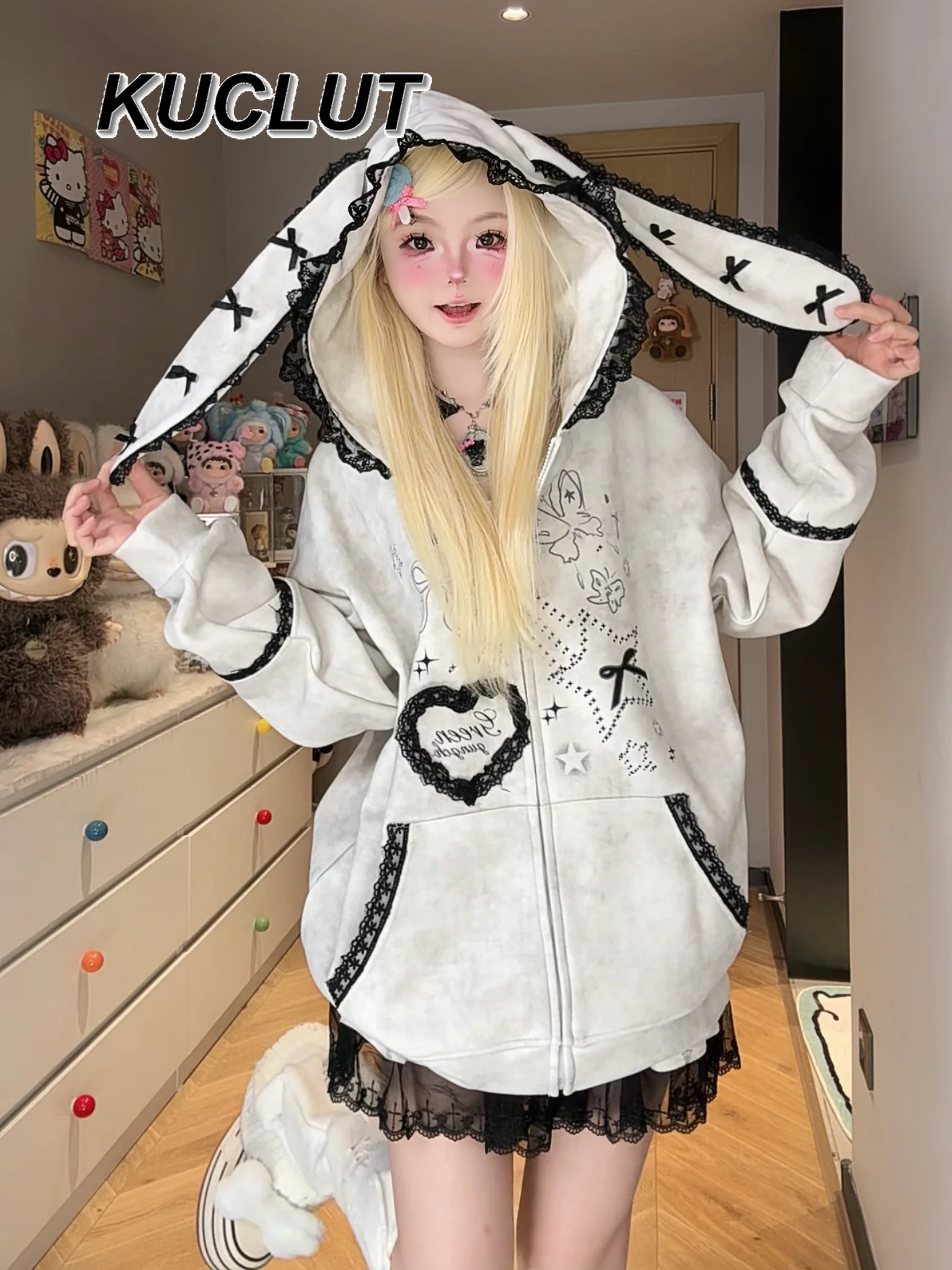 Sweet Cool Style Long Ear Lace Hooded Sweatshirt for Women Loose Cardigan Jacket Fashion Spring Autumn Women's Coats
Sweet Cool Style Long Ear Lace Hooded Sweatshirt for Women Loose Cardigan Jacket Fashion Spring Autumn Women's Coats