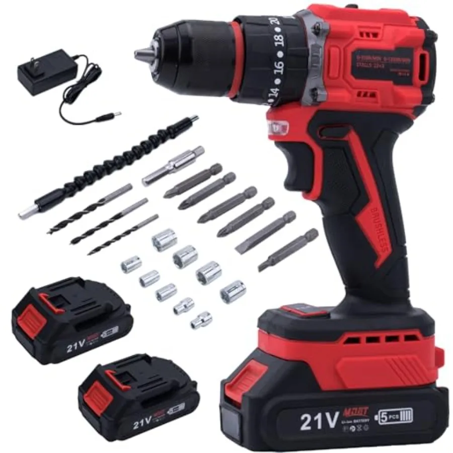 Brushless Drill Set 21V Cordless with 2 Batteries and Charger 3/8Inch Keyless All-Metal Chuck 2 Variable Speeds 20+3 Power Dril
Brushless Drill Set 21V Cordless with 2 Batteries and Charger 3/8Inch Keyless All-Metal Chuck 2 Variable Speeds 20+3 Power Dril