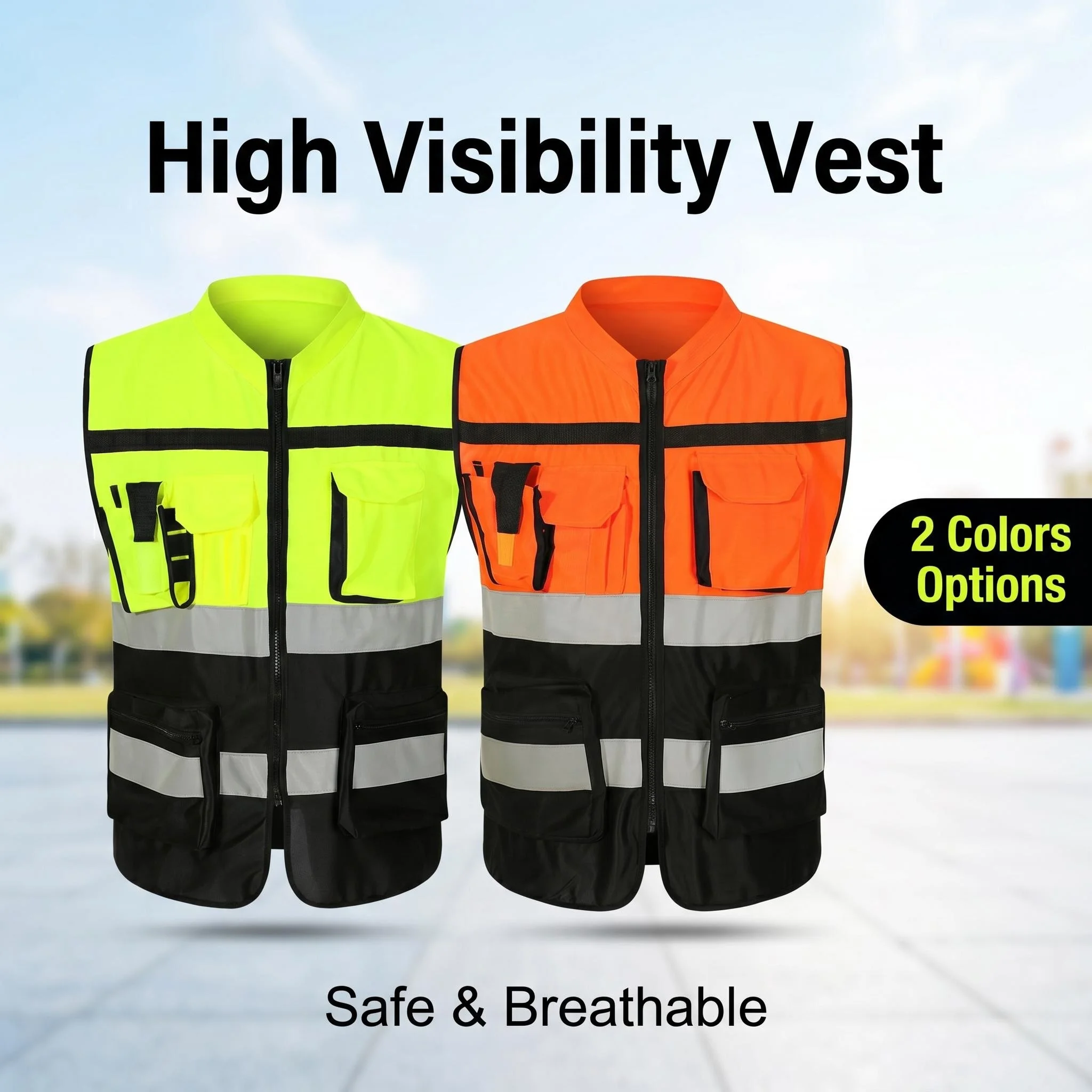 Reflective Safety Vest Dual Silver Reflective Strips Multi Pockets Breathable Sleeveless Zipper Vest Yellow Orange Color Options
Reflective Safety Vest Dual Silver Reflective Strips Multi Pockets Breathable Sleeveless Zipper Vest Yellow Orange Color Options
